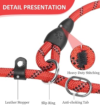 Dog Slip Lead, Training Leads for Dogs, 2m Reflective Slip Leads with Soft Padded Handle, Adjustable Pet Lead Leash for Large Medium Small Dog (red)