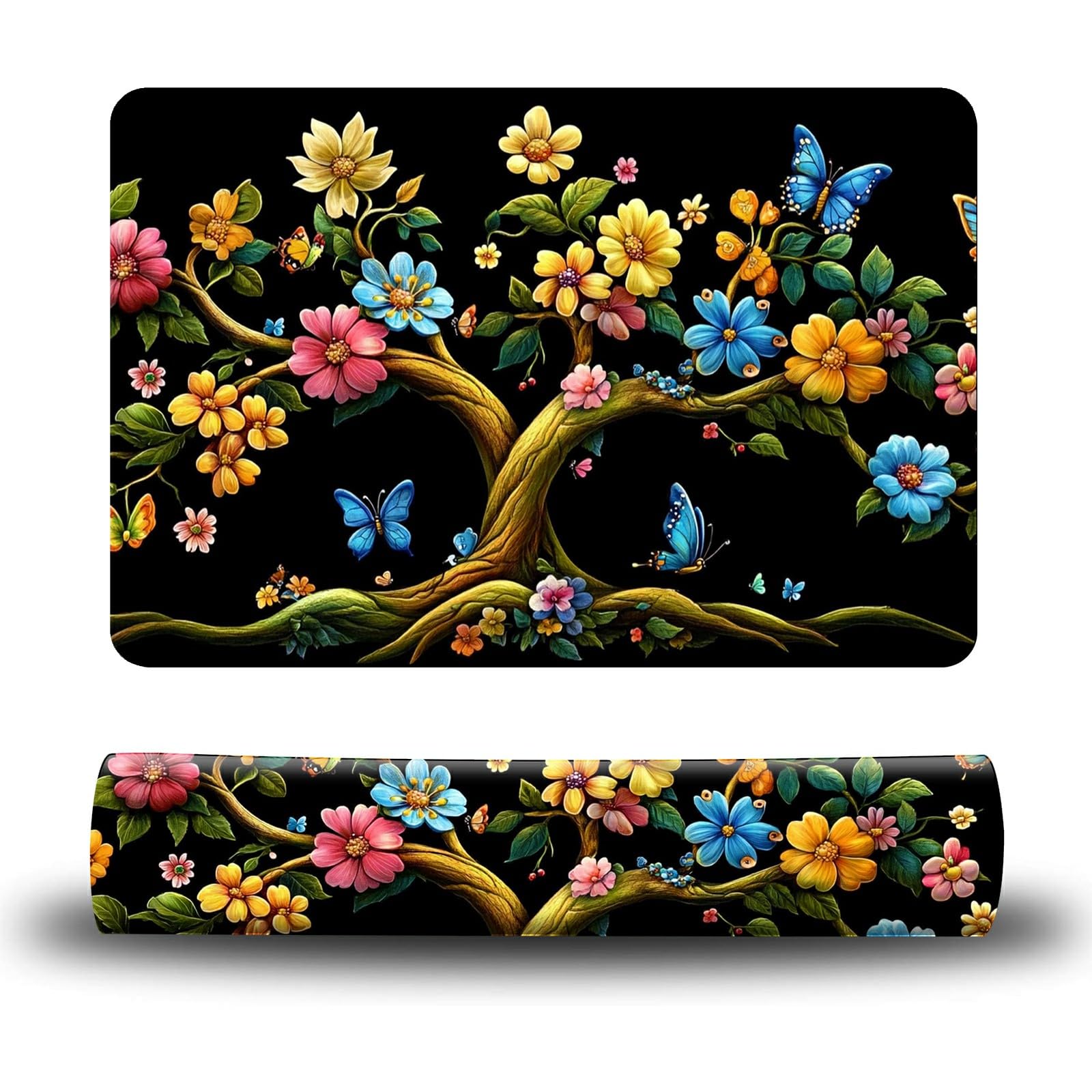 Dikoer Dog Food Mat, 15.7" x 23.6" Absorbent Pet Feeding Mat for Food and Water, Waterproof Diatom Mud Pet Placemat with Non-Slip Rubber Backing, Cat Bowl Mat for Floors - Black Flower Tree
