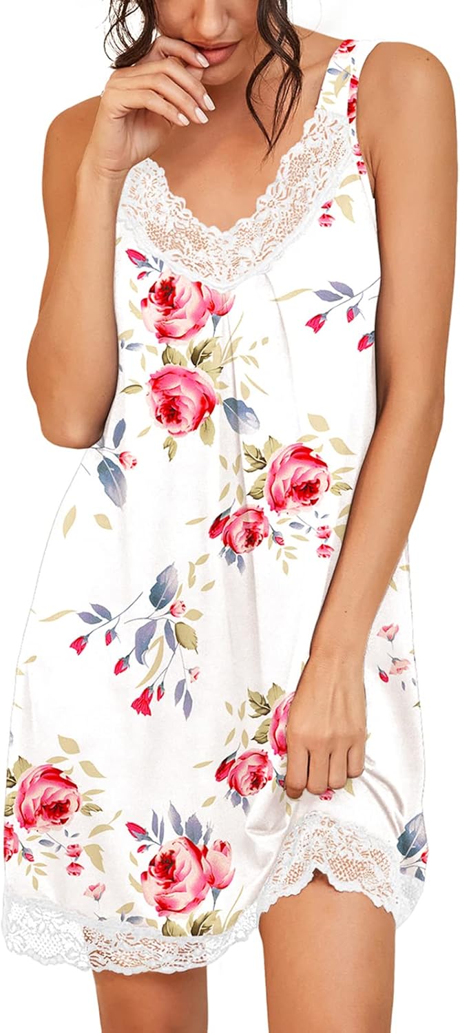 PrinStory Women’s Nightgown V-neck Chemise Sleepwear Lace Nightwear Soft Lingerie for Women