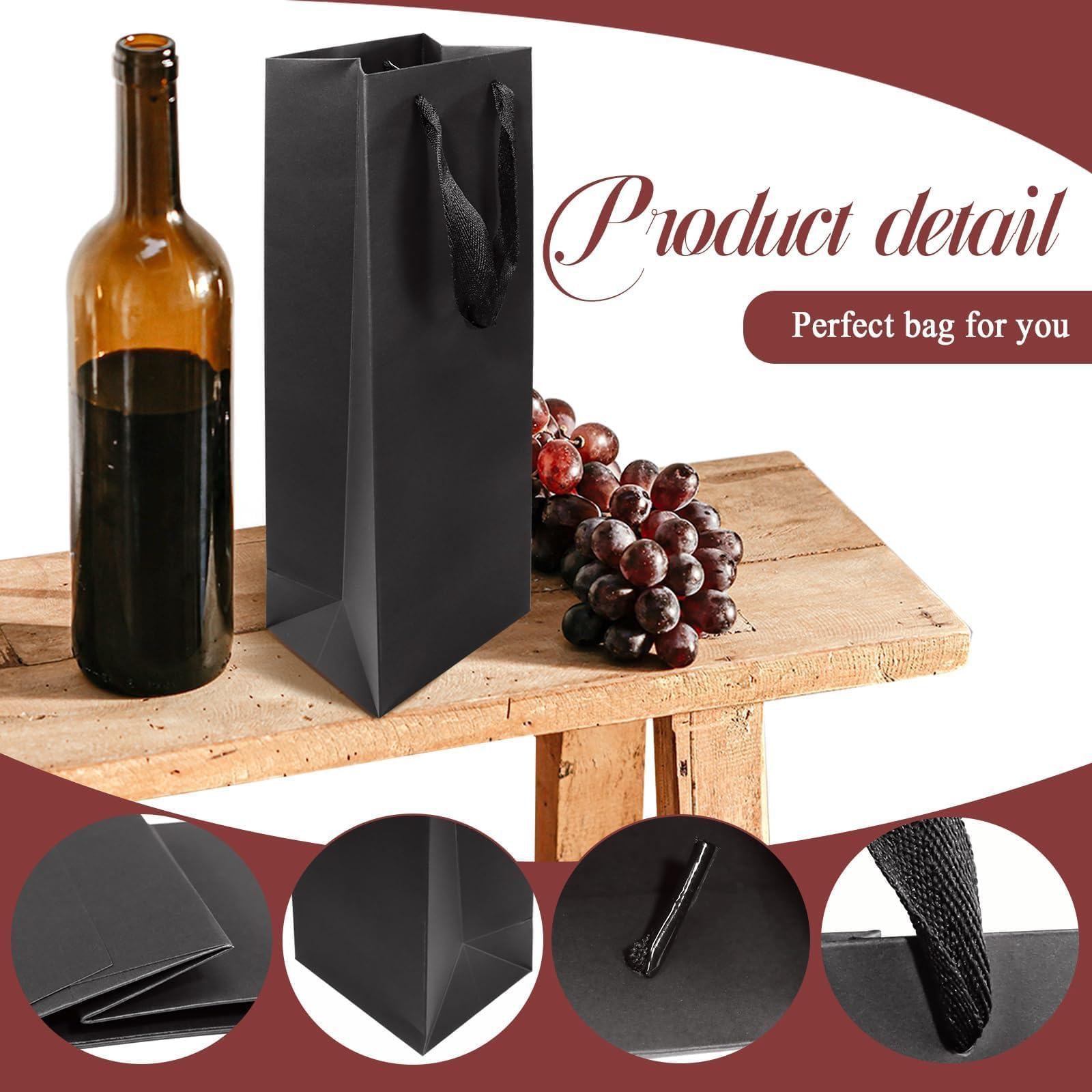 CZWESTC Lot de 20 sacs à vin en papier kraft avec poignées – Sacs noirs pour bouteille de vin pour cadeau, fête, vente au détail – 9,9 cm