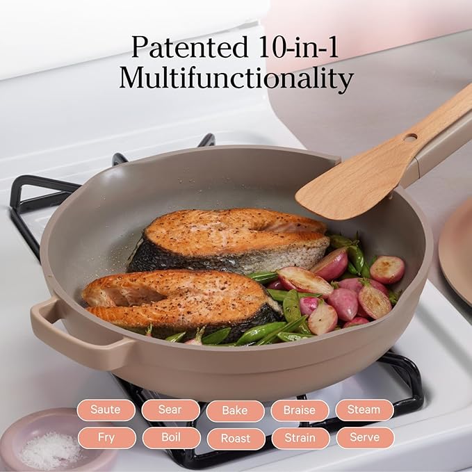 Built to enhance both style and function, the Always Pan features a premium stainless-steel handle and a durable aluminum body suitable for all stovetops, including induction. Its heat-safe design up to 230°C allows for seamless stovetop-to-oven transitions, expanding the repertoire of dishes you can explore, from crispy chicken thighs to mouthwatering Dutch babies. With a chic, modern silhouette available in six contemporary colors—charcoal, steam, blue salt, spice, sage, and lavender—it effortlessly elevates your kitchen decor, serving both as a culinary tool and a statement piece.