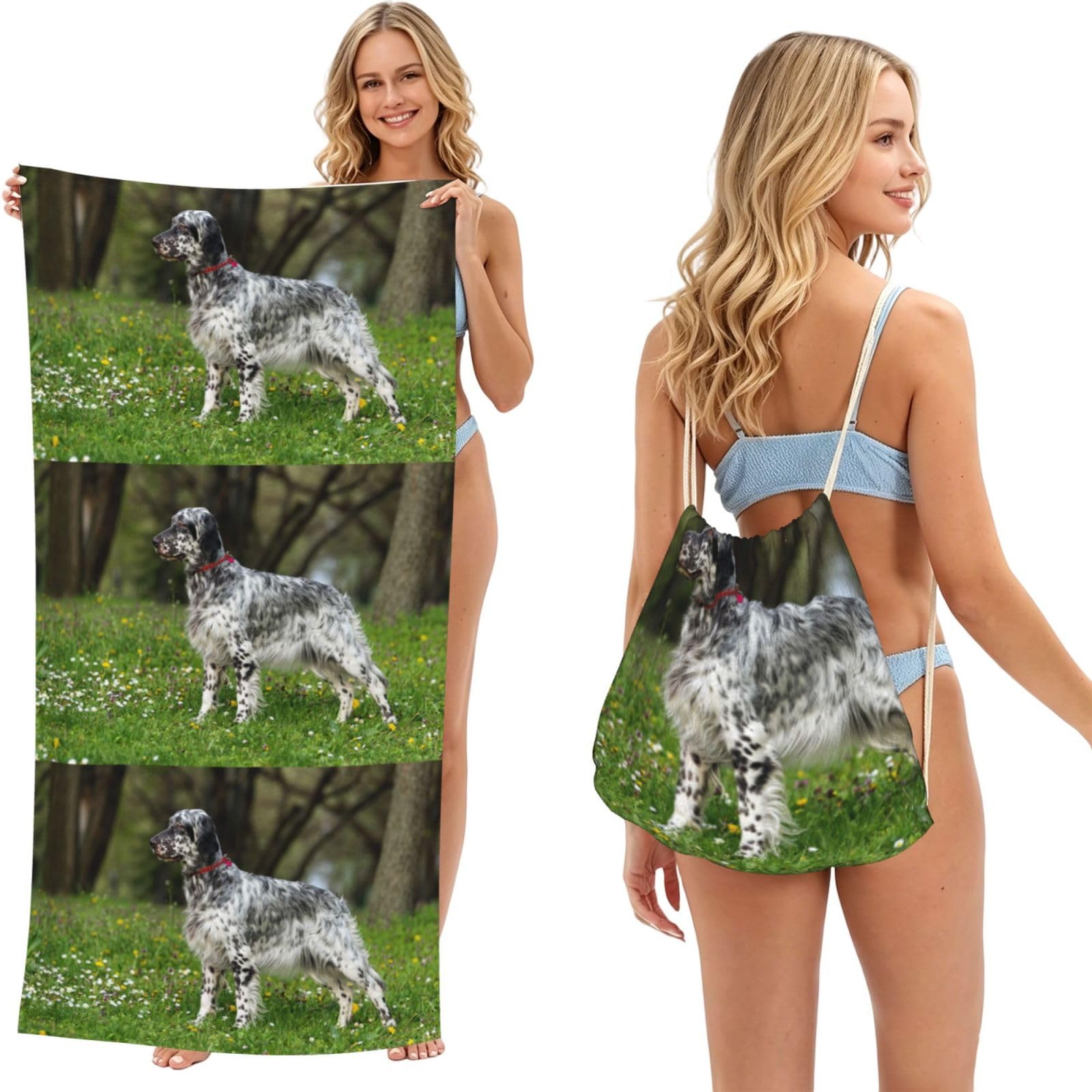 Poadnly As Picture English Setter Lawn Pets Dogs English Setter, 2 In 1 Packable Towel Bag, Beach Towels With Drawstring Backpack For Travel Holiday Camping