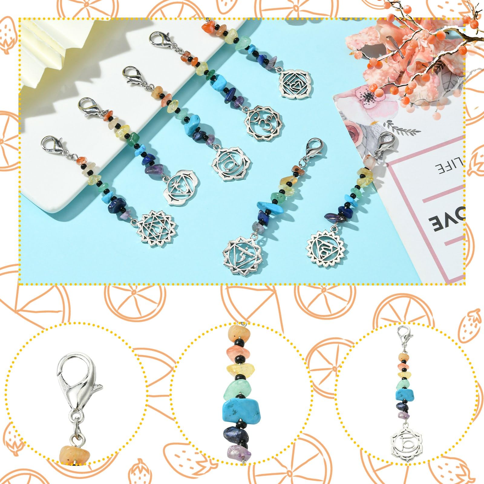 Stiesy 7 Pcs Natural & Synthetic Gemstone Pendant Decoration with Lobster Claw Clasps Tibetan Silver Charms Decorations for Jewellry Keychain Backpack Ornament - Image 3