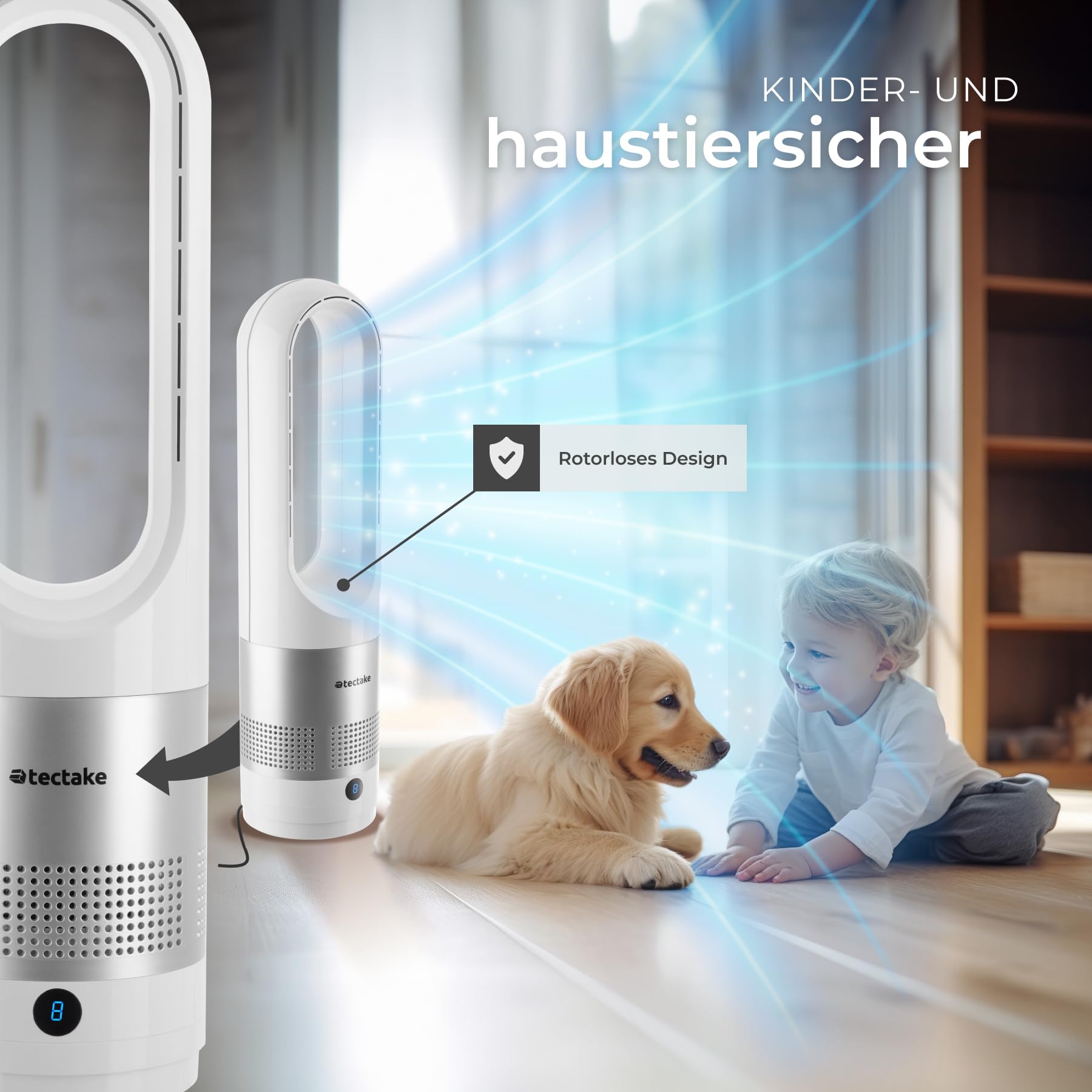 tectake® rotorloser Ventilator mit Fernbedienung, Turmventilator, cooling ace Lüfter, Luftkühler, mobiles Klimagerät, Standventilator sehr leise für Schlafzimmer geeignet, Tower Fan, Air Cooler - weiß