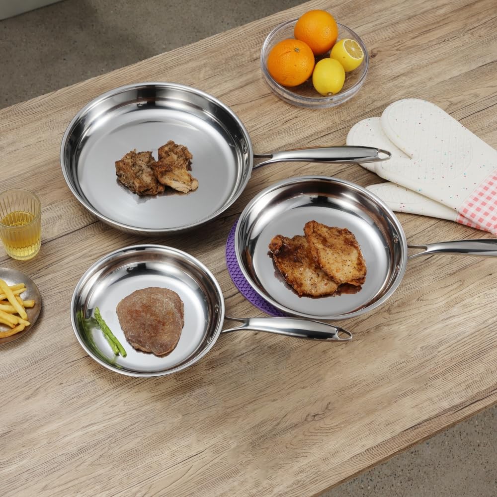 Set di 3 padelle in acciaio inox, acciaio professionale a tre strati, set di padelle, 20–25–30 cm, lucidato a specchio, induzione, padelle da cucina, padelle, resistenti alla lavastoviglie