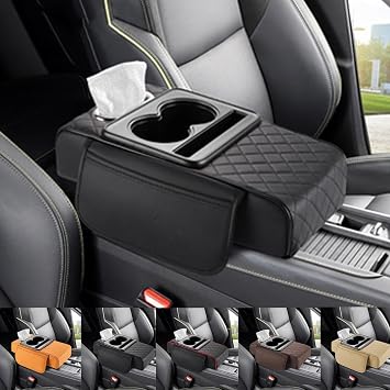 Multifunctional PU Leather Car Armrest Box Mat, 5-in-1 Center Console Organizer with 2 Storage Bags Cup Holder Tissue Box Slot, Phone Slot, Universal Memory Cotton Armrest Cover for Car Black