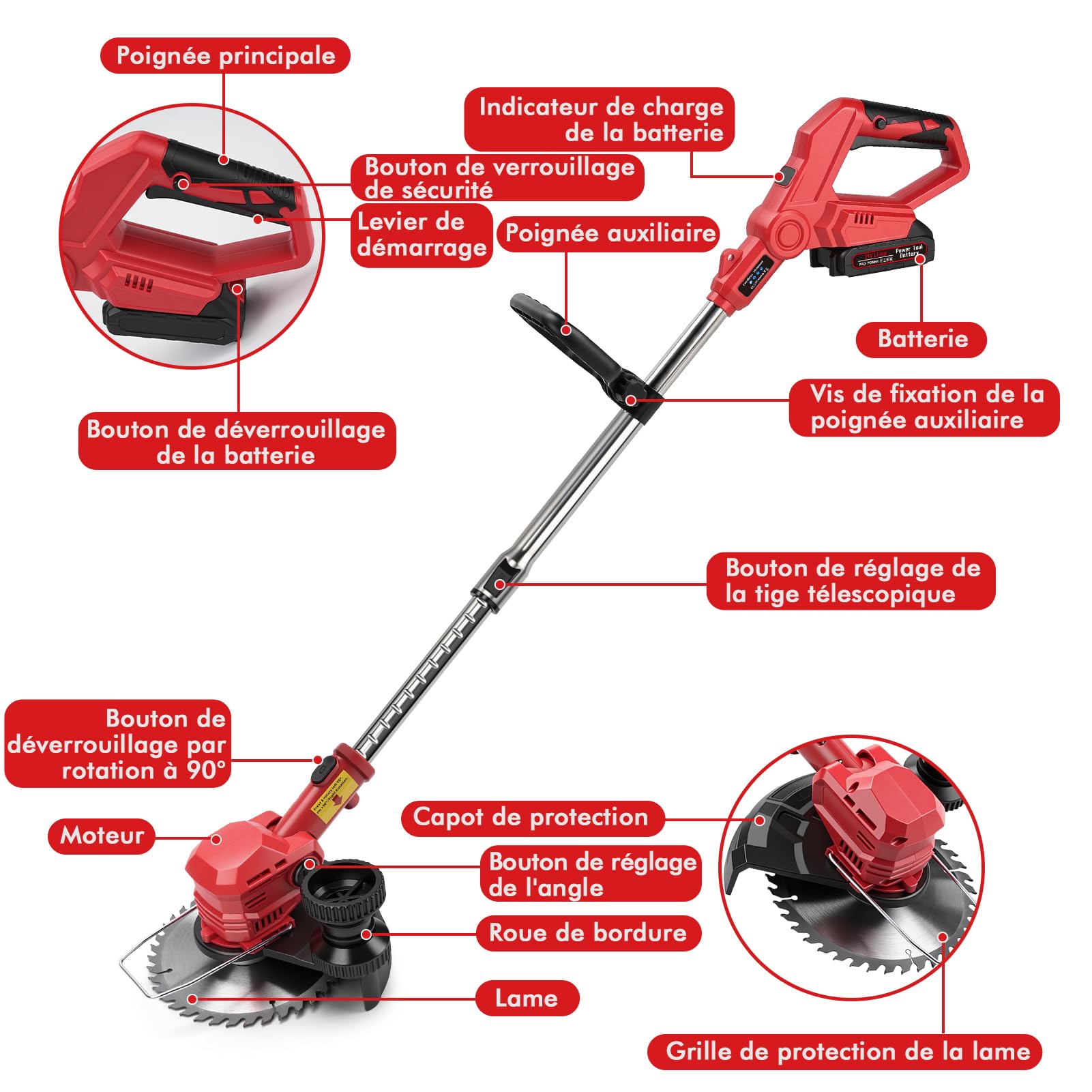 Débroussailleuse à Electrique sans Fil 21V, 3 en 1 Taille Herbe, Debrouissalleuses et Coupe Bordure, 8" Coupe Bordure avec 2 Batteries et Chargeur, Taille Bordure avec Roues & 4 Lames, pour Élagage