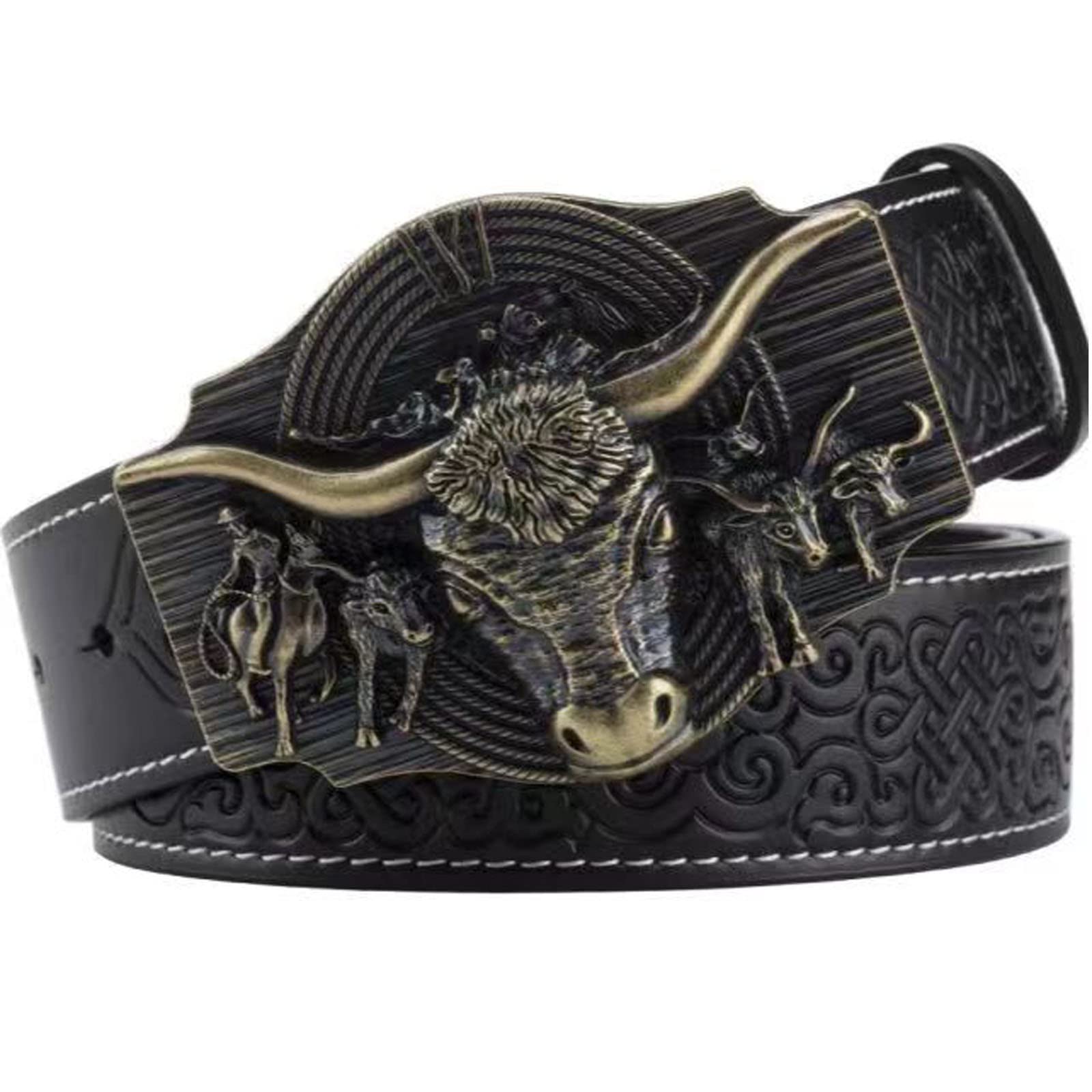 WRJAHCG Belt Western for Cowboy,Vintage Long Horn Bull Rodeo Western Cowboy Belt,Bronze Black,110CM/43.3''