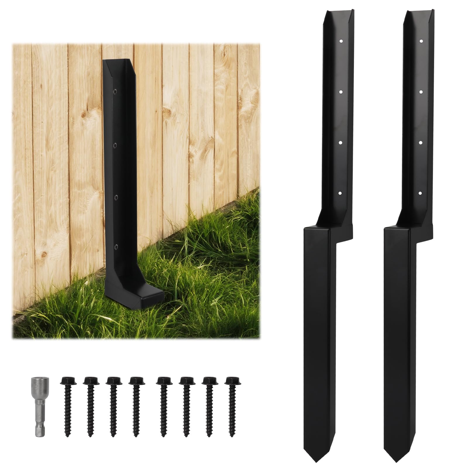 2 Pack Heavy Duty 88CM Fence Post Repair Stakes - Galvanised Steel Ground Spikes for Tilted/Broken Wooden Fence Posts - Includes Screws & Installation Tools