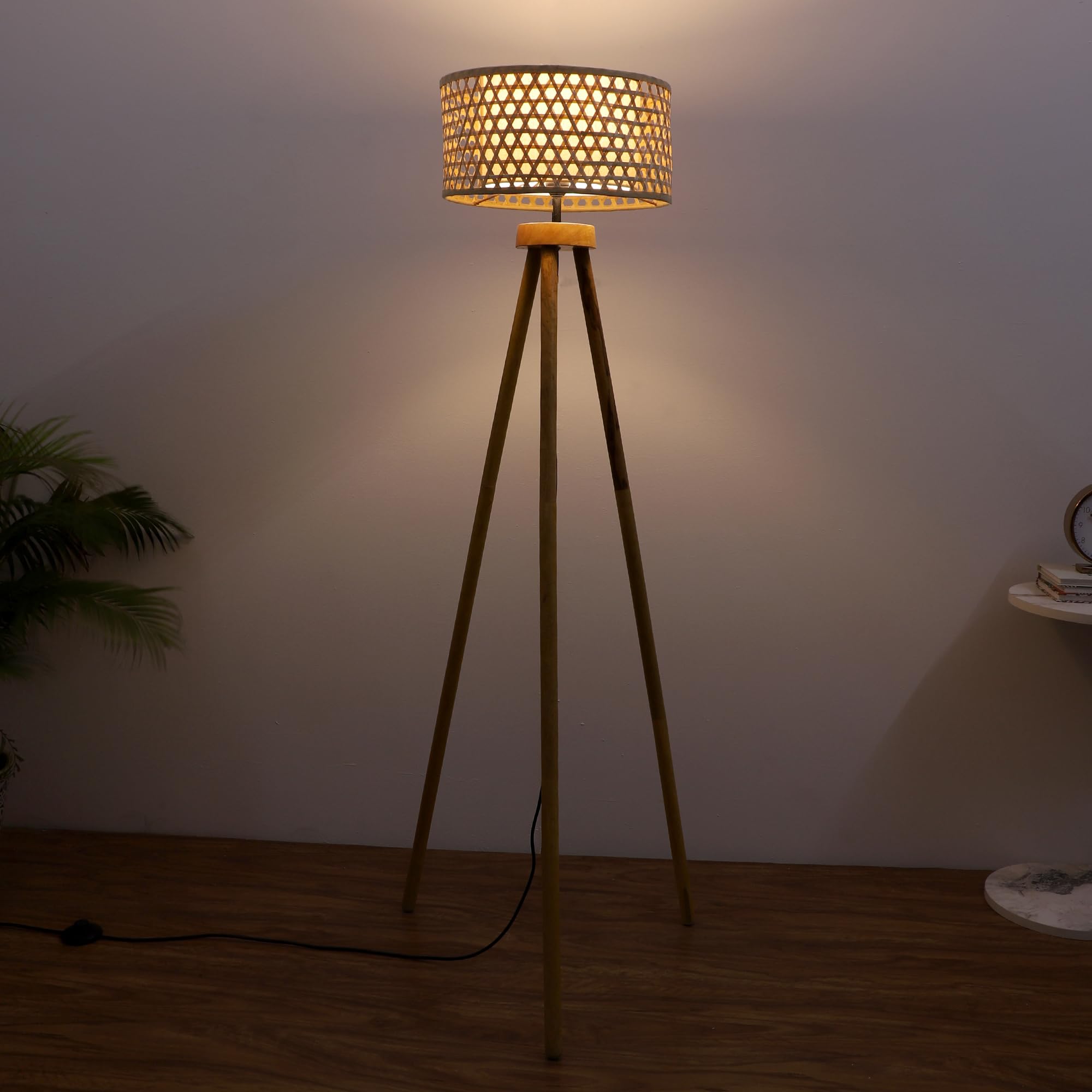 AKWAY Bamboo Tripod Floor Lamp for Living Room | Cane Floor Lamp for Home | Rattan for Living Room | Standing Lamp Wooden Floor Standing lamp for Bedroom (14" D X 8" H) - Roshni-image-8