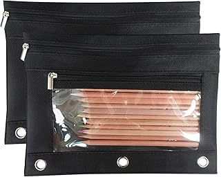 2 Pack Binder Pouch, Large Pencil Pouch, 3 Ring Fabric Pencil Pouches, Black Canvas Pencil Case, Nylon Cosmetic Bag with Clear Window, Durable Zippered Pencil Pouch for School Office Students Teachers
