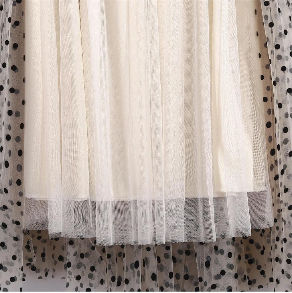 Women Polka Dot High Waist Pleated Ball Gown Skirt Mesh Loose Puffy Cake Skirts Apricot