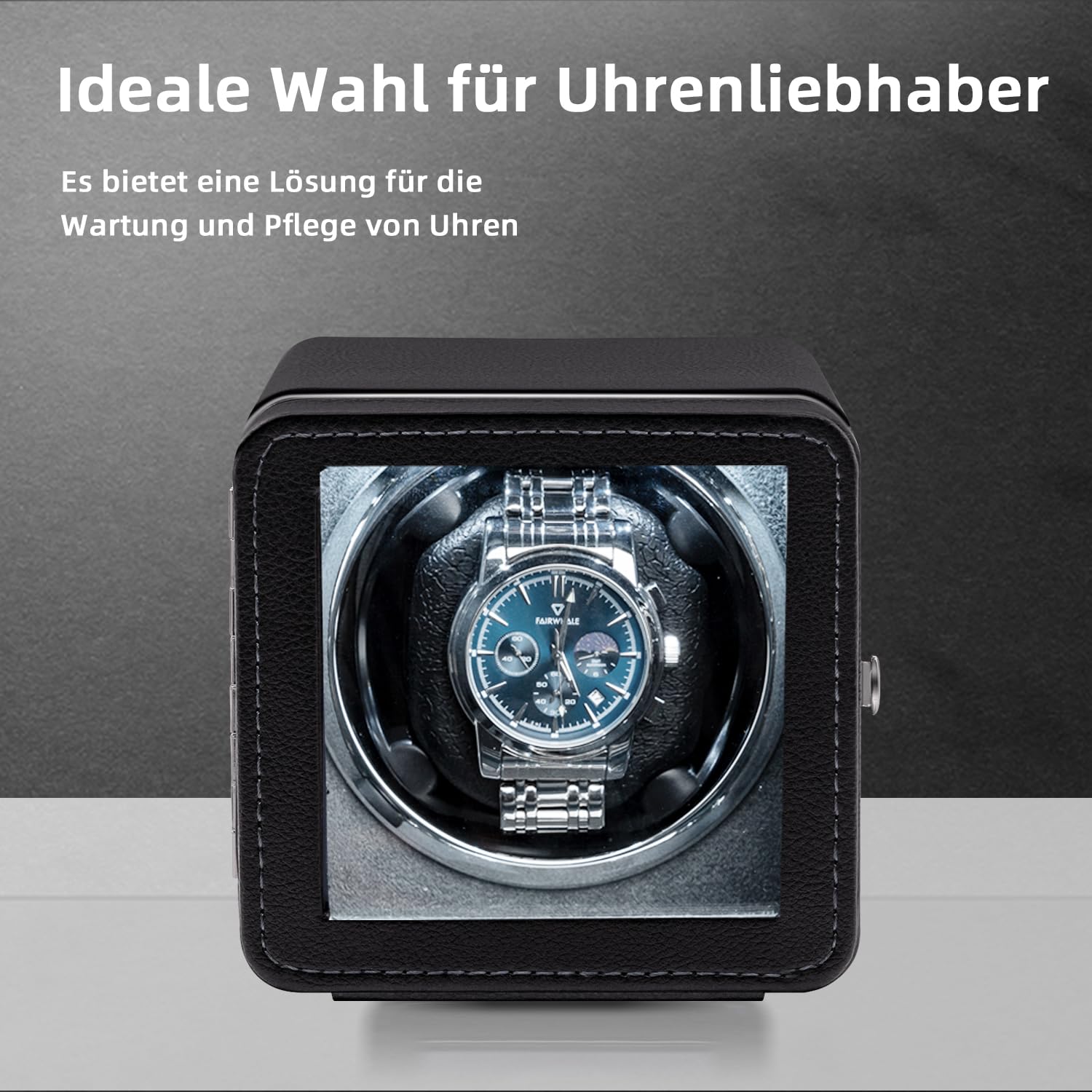 Mcbazel Automatischer Uhrenbeweger, Eleganter Automatischer Einzeluhrenbeweger Gehäuse, Leiser Motor, 4 Rotationsmodi, Uhrenbeweger Box Rechteckig, PU-Leder mit LED-Licht – Schwarz