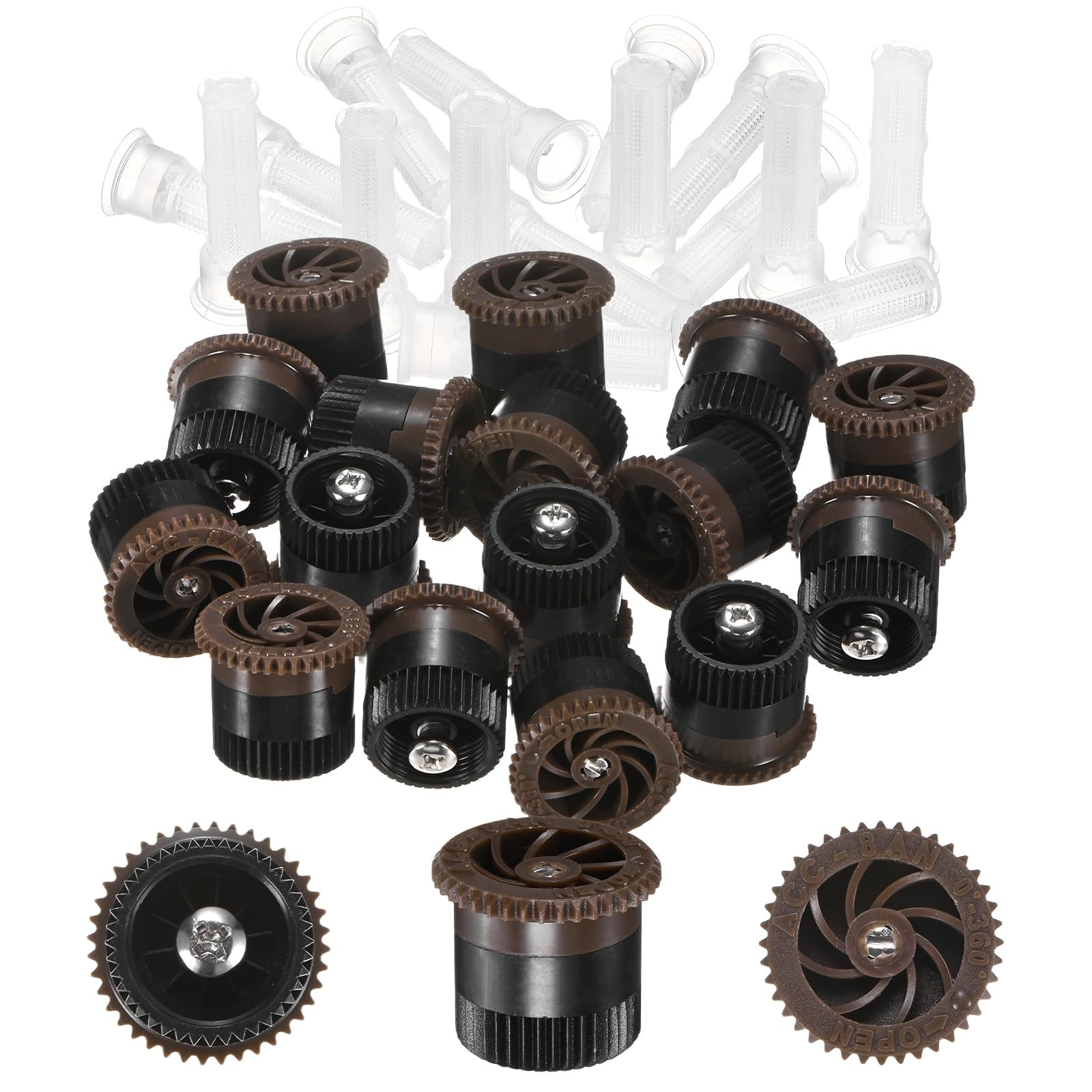 M METERXITY 16-Pack 4A Variable Arc Nozzle, 0.94 In/2.4 cm Sprinkler Heads Replacement 6 to 8 Ft Radius with 16 Filter for Gardens/Lawns [8 Van, Black & Brown]