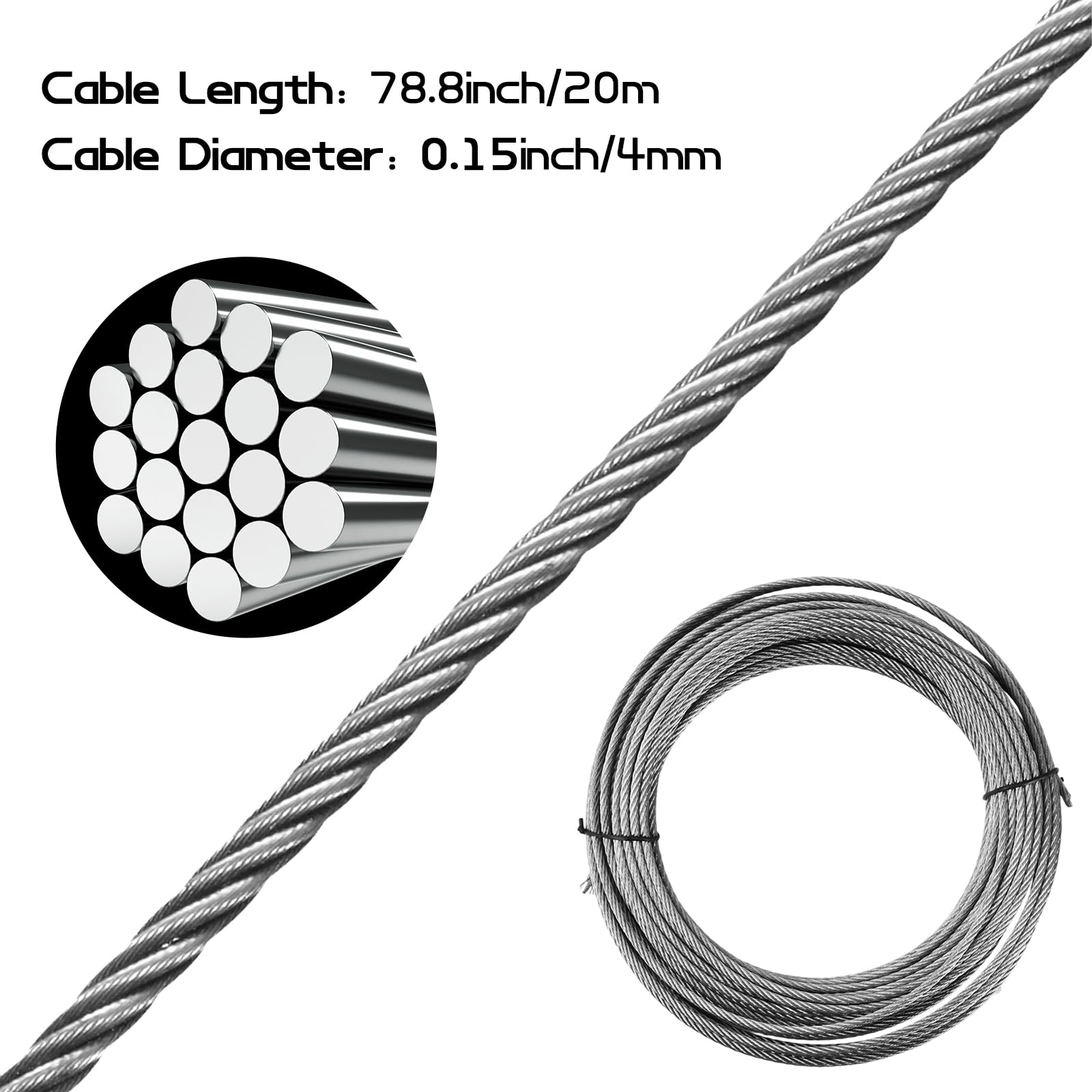 Câble Acier Inoxydable 304-4mm x 20m, Haute Résistance et Polyvalence Corde Cable D'acier à Noyau 7 x 7 Brins Kit cable en acier Métallique Fil Wire Rope pour Jardinage, Clôtures et Bricolage