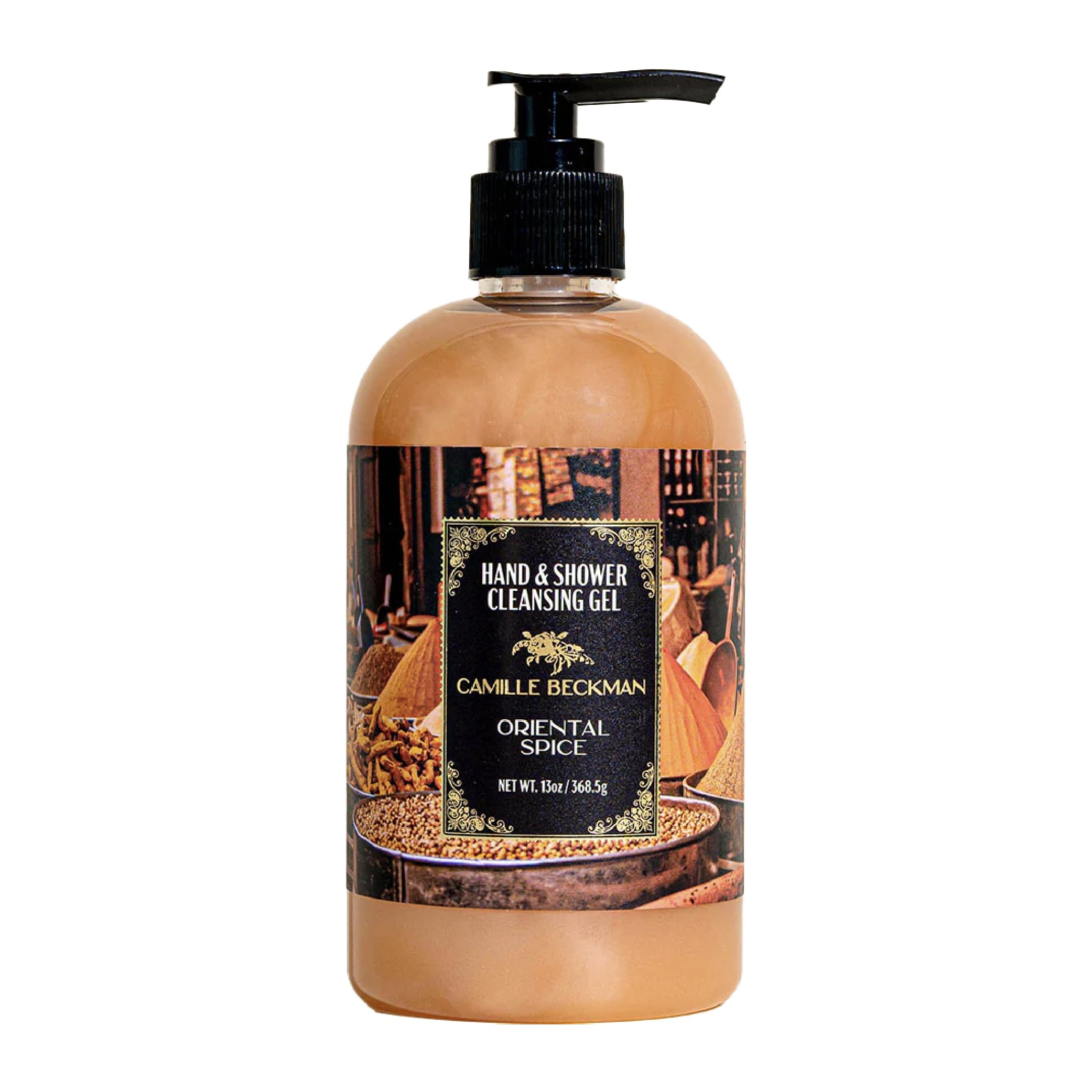 Camille Beckman Oriental Spice Hand & Shower Cleansing Gel, 13 oz | Aromatic myrrh, sandalwood, clove, nutmeg, and vetiver; provitamin B5 and aloe