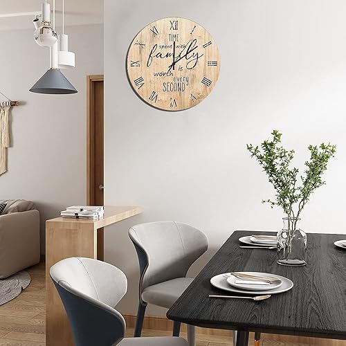Miniatura 21 de UFunhome Reloj de pared de madera con cita familiar, el tiempo que pasa con la familia vale la pena cada segundo, reloj colgante redondo, funciona