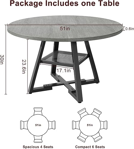 Miniatura 2 de Mesa de comedor redonda de 51 pulgadas para 6, mesa de pedestal circular de cocina, comedor, mesa de pedestal de madera, ahorro de espacio, muebles