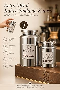 Transformacion Retro Metal Kahve Saklama Kutusu İkili Set - Çelik Hava Sızdırmaz Kapaklı Vintage Kahve Kavanozu Büyük 18x10cm Küçük 13x10cm Mutfak Tezgah Üstü Dekoratif Kahve Köşesi Aksesuarı