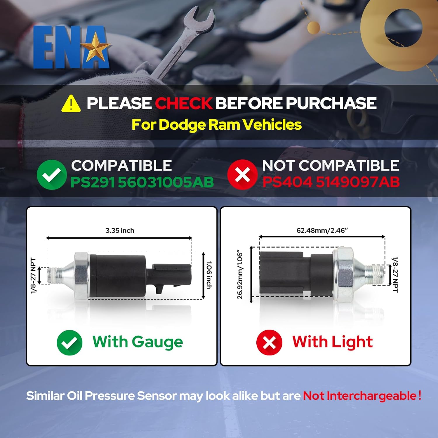 ENA Oil Pressure Sensor Switch for PS291 5003675AA 56031005AB Compatible with Dodge B1500 B2500 B3500 Durango Dakota Ram 1500 2500 3500 Van Jeep TJ Cherokee Wrangler 1998 1999 2000 2001 2002 2003