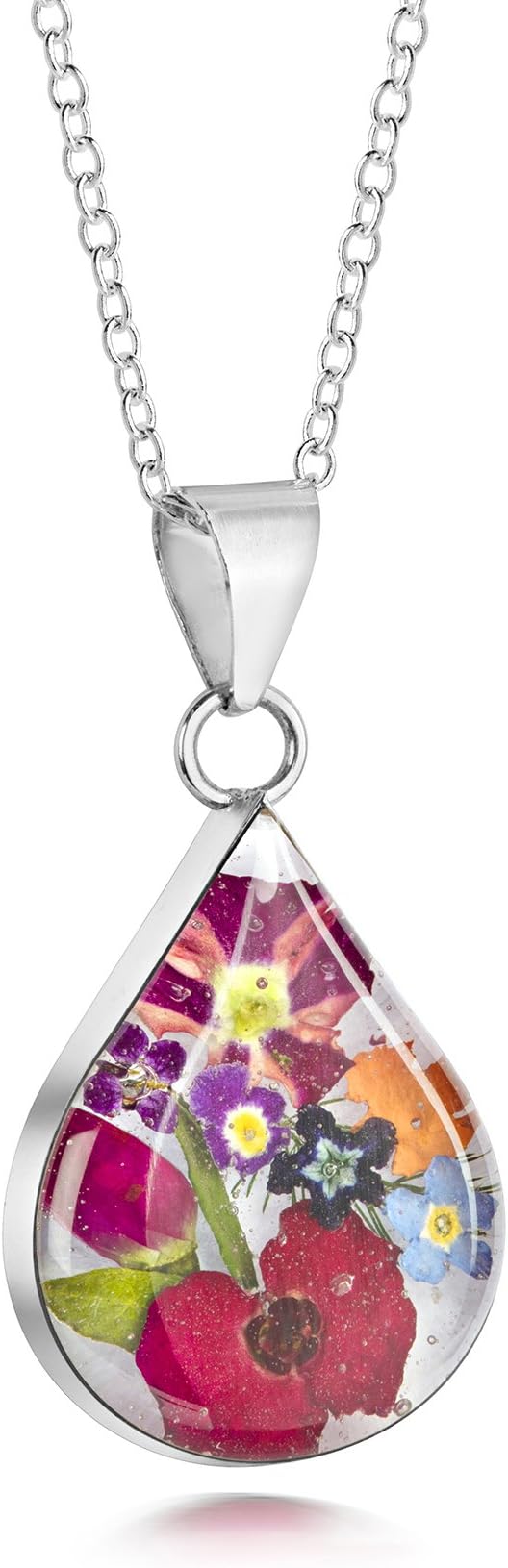 Natural Flower Jewellery Sterling Silver Medium Tear Drop Pendant Made with Real Mixed Flowers