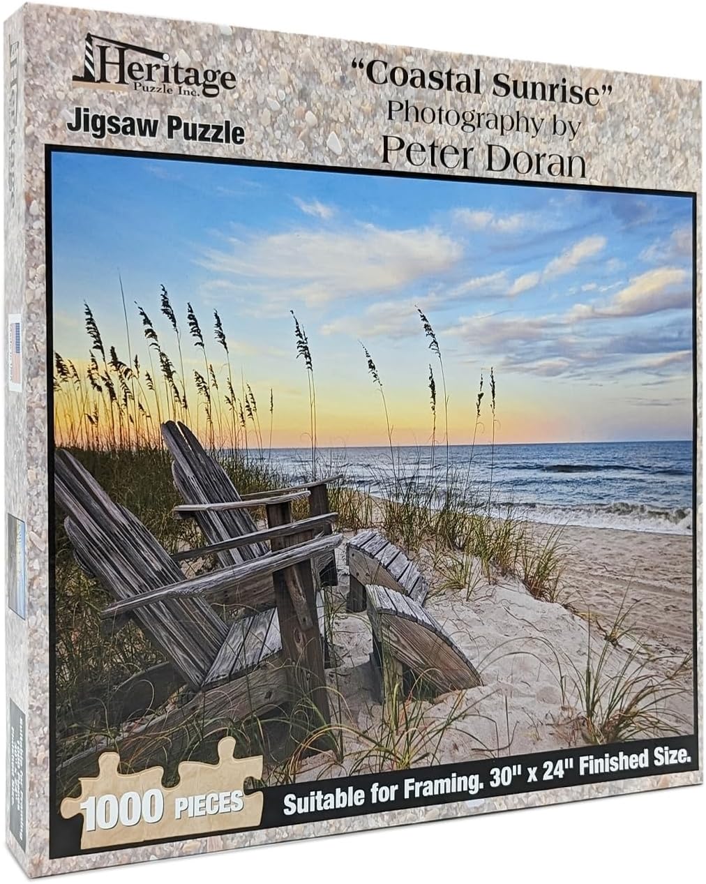 Heritage Puzzle Coastal Sunrise Beach Ocean Jigsaw Puzzle for Adults 1000 Pieces, Frameable 30" x 24" Relaxing Coastal Puzzles - Serene Scene on Sandy Shore by Peter Doran - Made in U.S.A.