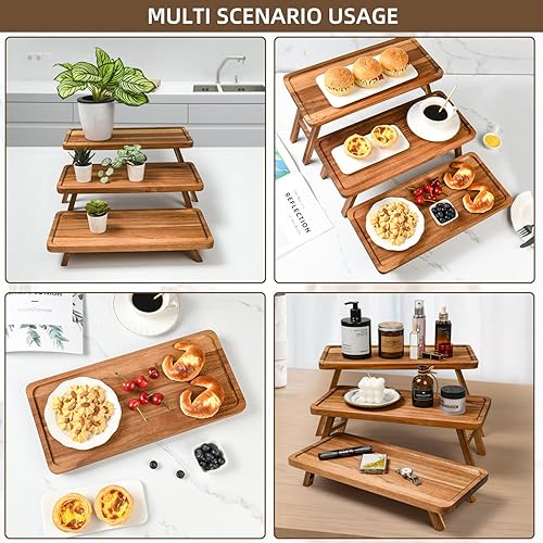 Miniatura 5 de GEHE Bandeja plegable de 3 niveles para servir, soporte para cupcakes para fiestas, juego de soporte de torre de madera de acacia, platos grandes