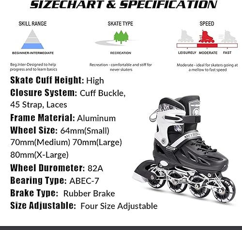 Miniatura 6 de METROLLER Patines en línea para niñas y niños, mujeres, hombres, 4 tallas ajustables, patines en línea con ruedas que se iluminan, patines Negro