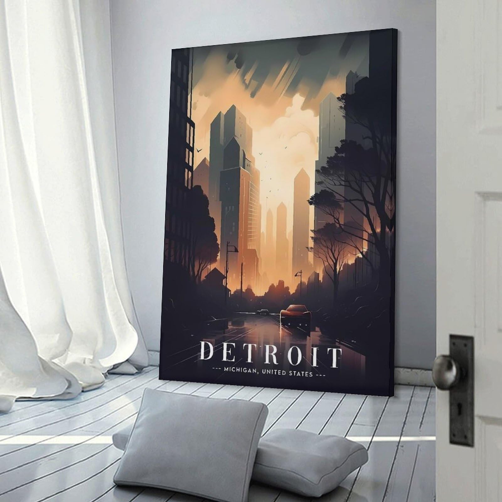Junmoney Detroit Skyscraper View Canvas Wall Art, 08x12inch(20x30cm), for Living Room, Bedroom, Office Or Hallway, Versatile Wall Decor for Many Rooms
