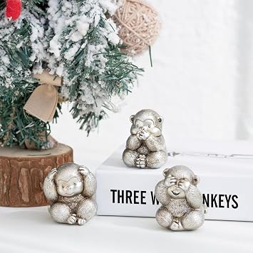 3 Wise Monkeys Statue.See no evil, hear no evil, speak no evil Monkeys Figurines.Brings Good Luck,Wisdom.Silver Monkey Sculpture Decoration Ornaments. Home Decor Living Room,Office Decor Accents.