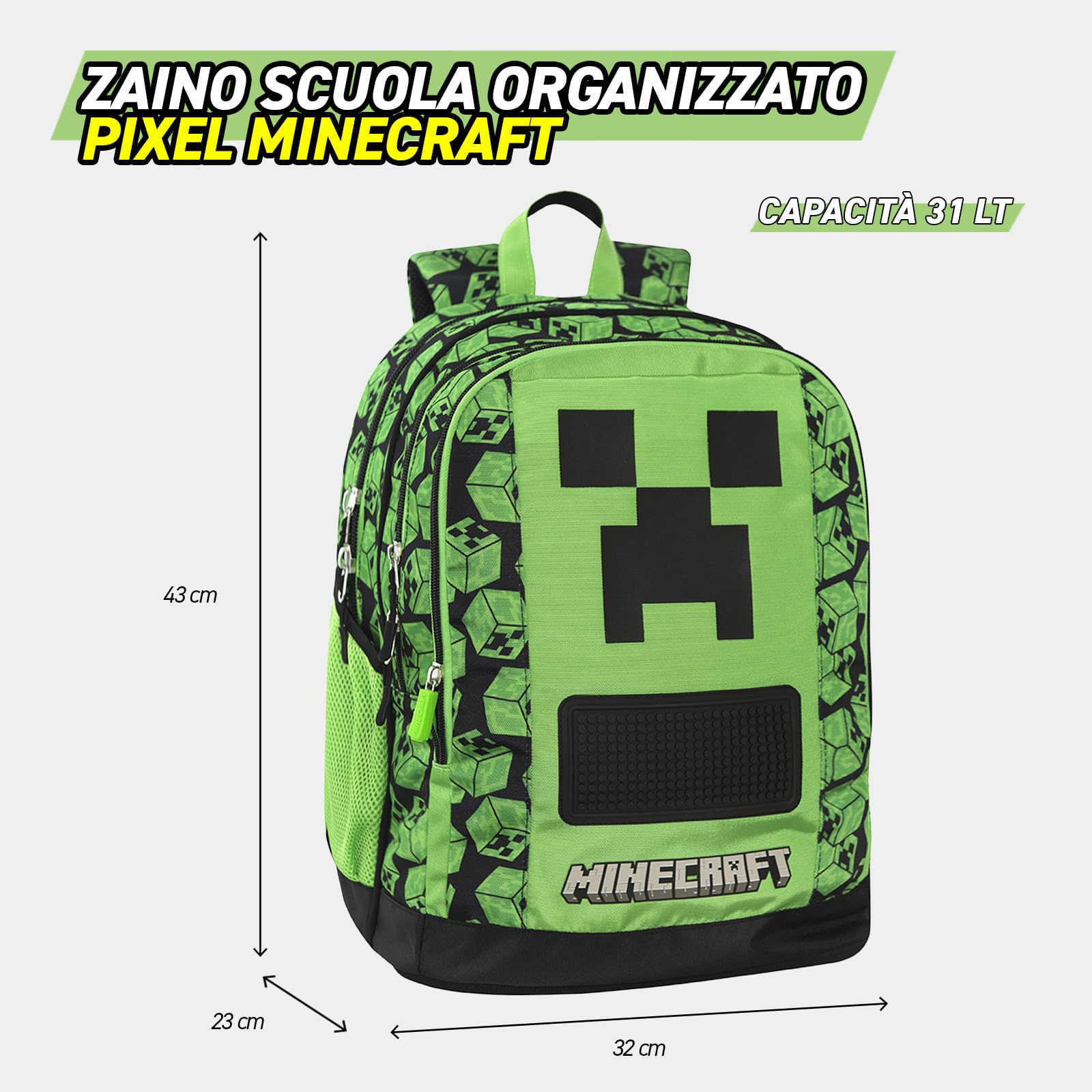 MINECRAFT Oficjalny plecak szkolny Minecraft z 2 dużymi przestrzeniami środkowymi, wyprofilowaną kieszenią przednią, bocznymi kieszeniami z siatki, regulowanymi wyściełanymi paskami na ramię