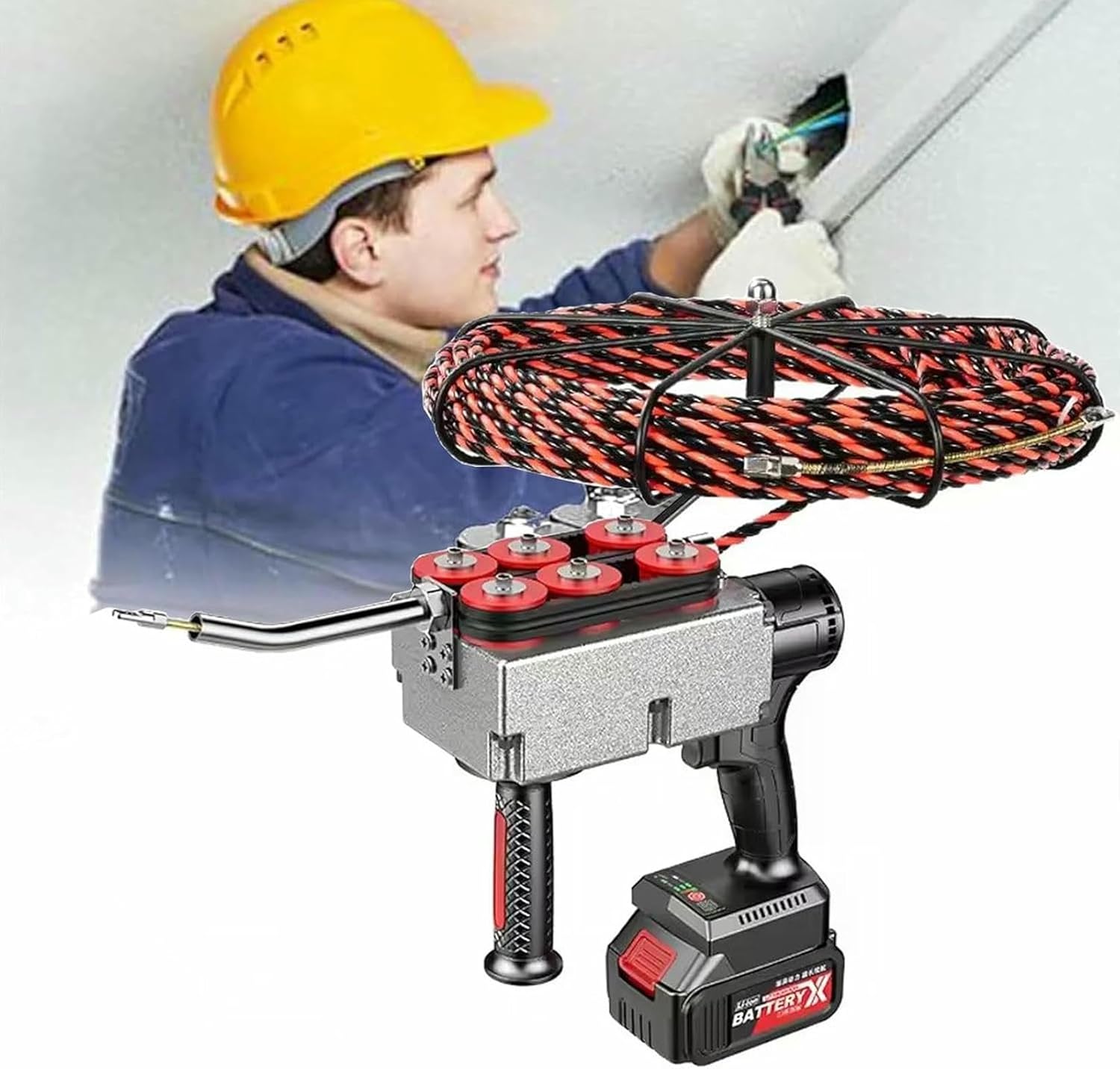 Auto Electric Fish Tape, Cordless Electric stringing Wire Puller,6 Wheel Drive, Adjustable Speed Electrical Cable Puller, Cable Hidden Pipe Threading Device