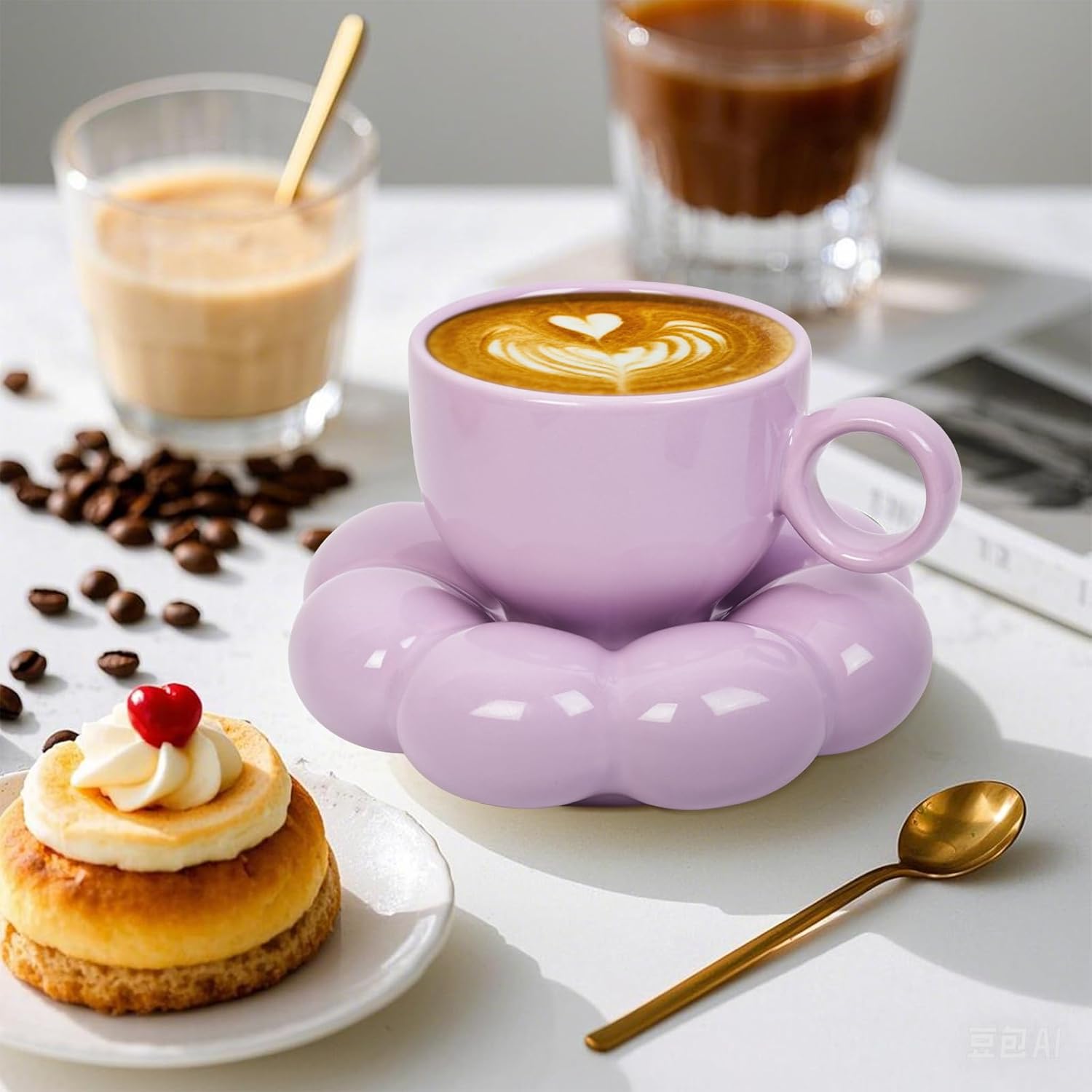 ARISKEY 10oz Coffee Mug for Women,Tea Cup and Saucer Set with Spoon,Perfect for Latte and Milk,Dishwasher and Microwave Safe,Suitable for Mom,Light Lavender - Image 5