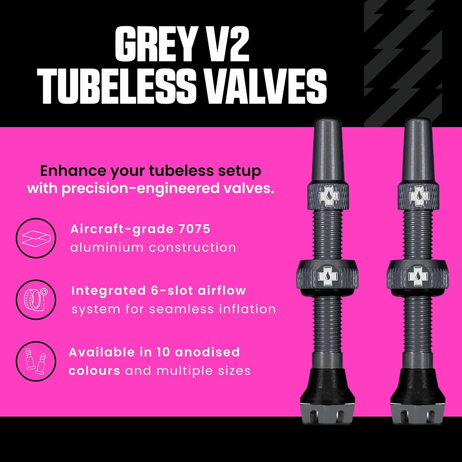 Muc-Off Tubeless Valves V2, 7075 Aluminum Presta, Grey, 44mm