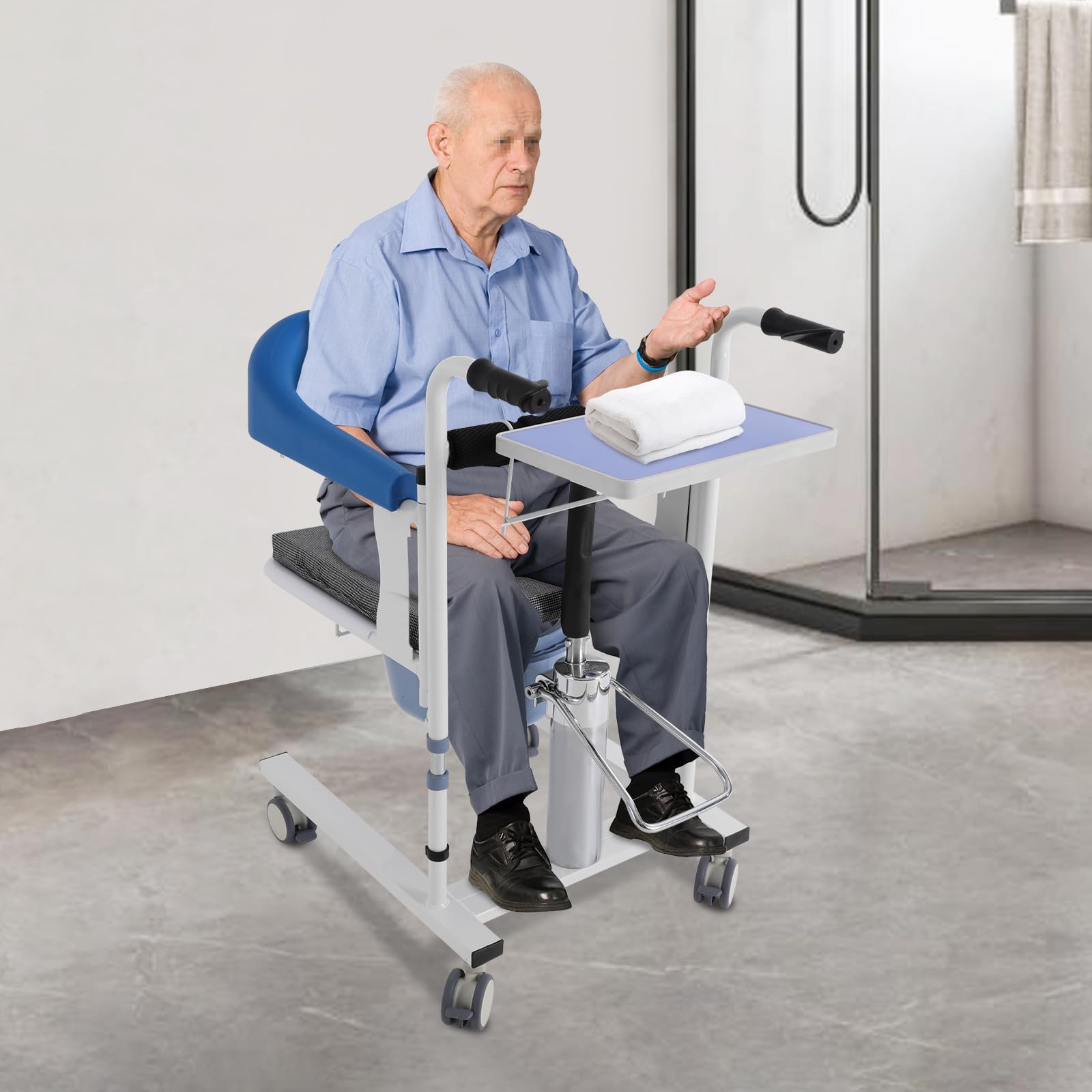 220 lbs. Elevador hidráulico para pacientes, silla de traslado, silla de ducha, multifunción, hidráulica para personas mayores, altura regulable, asiento dividido de 180°, control de manivela para