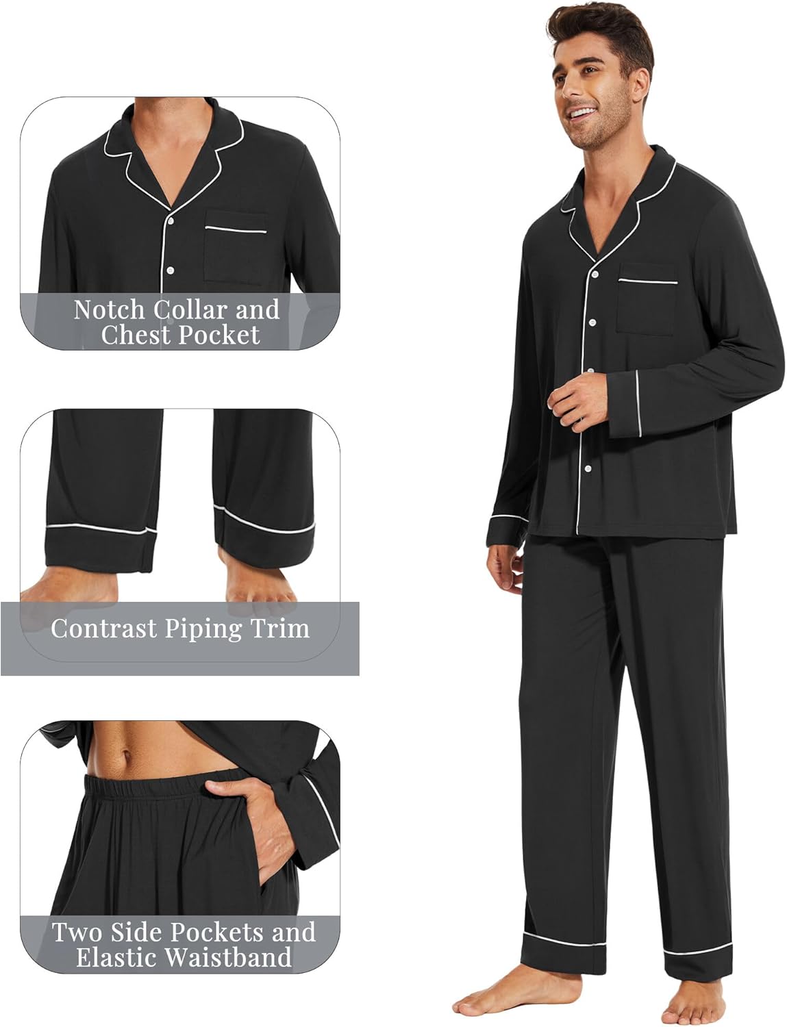 WiWi Men's Pajama Set Soft Sleepwear Button Down Pajamas Sets Classic Notch Collar Loungewear Viscose from Bamboo Pjs S-XXL - Image 3