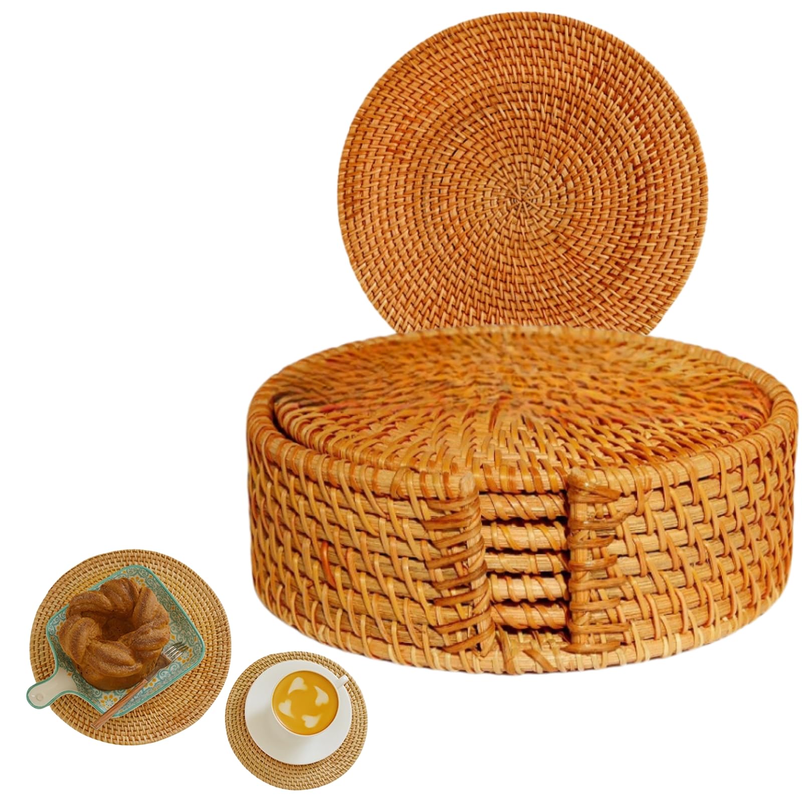 6er Set Rattan-Untersetzer, Rund Durchmesser 10-20cm Tischuntersetzer Herbst-Rattan-Flechten für Getränke, Tassen, Bar - Dekorative - Glas untersetzer Set (16cm Satz)
