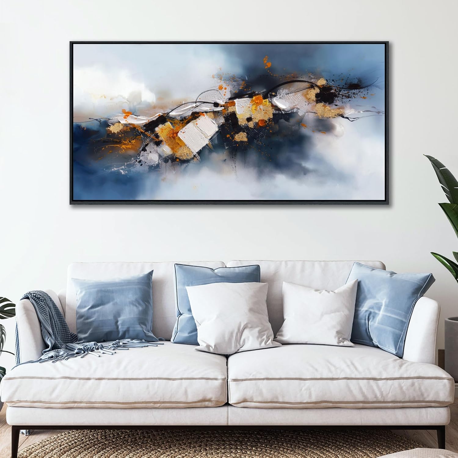 lianyibo Abstract Wall Art Navy Blue Modern Wall Art Large Blue and Gold Canvas Pictures for Above Bed, Living Room Decor(60x120/Frameless)