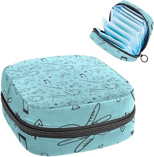 Hand Drawn Back School Blue Period Pouch Portable,Tampon Storage Bag for Sanitary Napkins, Multicolor, 4.7x6.6x6.6 in/12x17x17 cm