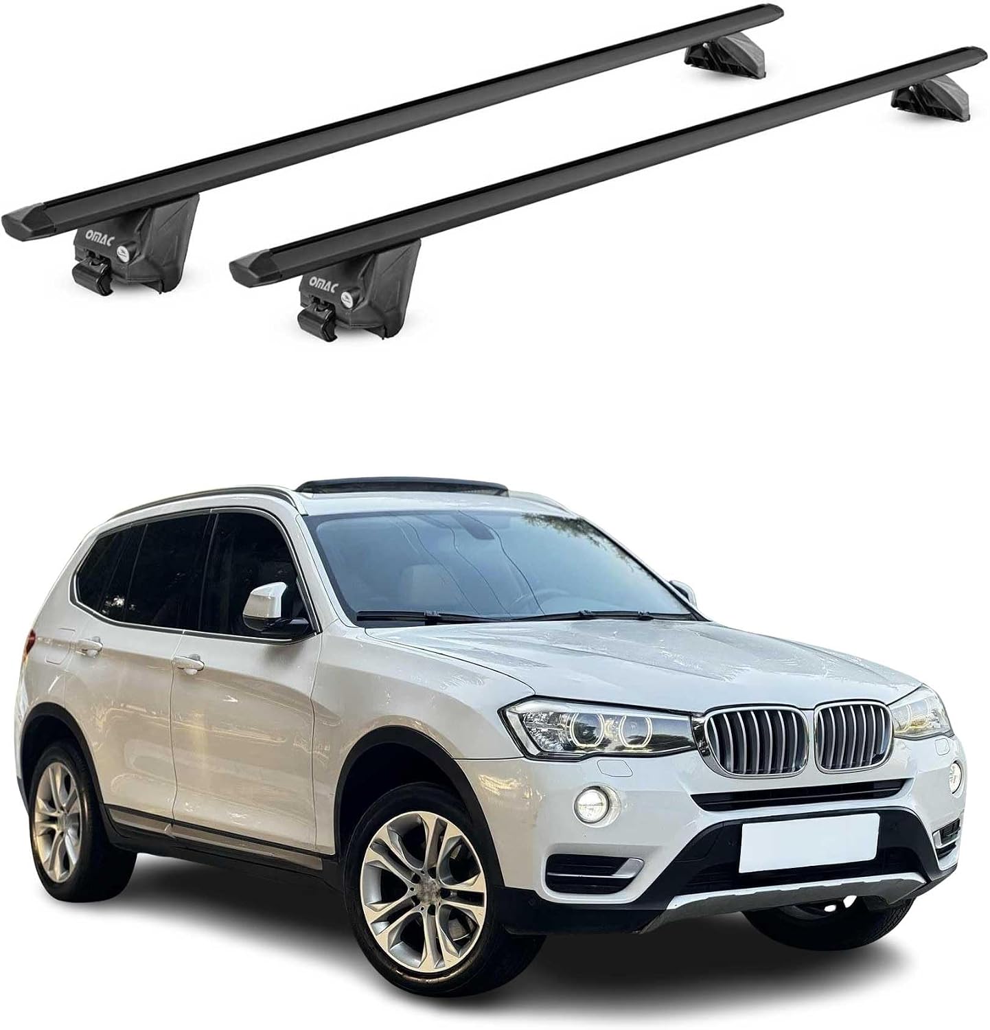 OMAC Aluminium Roof Rack Cross Bars TÜV Certified for BMW X3 F25 2011-2017 – for Integrated Roof Rails – T-Slot – Max Load 220 lb / 100 kg – 2 Locks Black