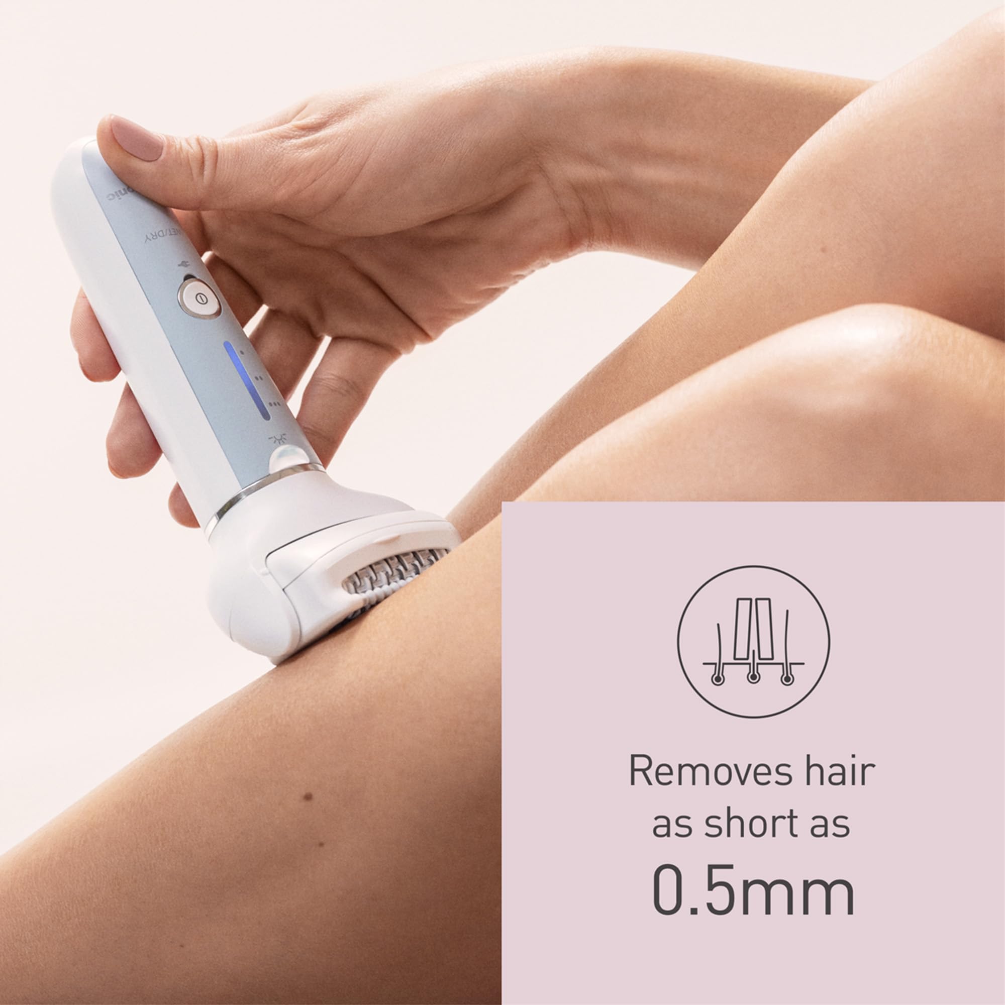 Panasonic ES-EYL9-P503 Depilator bezprzewodowy do brwi i twarzy dla kobiet, na mokro i sucho, do usuwania krótkich włosków, 3 ustawienia, nasadki do stóp i trymer do bikini, biały/jasnofioletowy