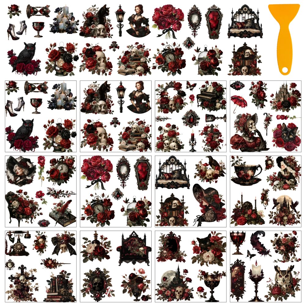 AHANDMAKER 12 Sheets Gothic Rub on Transfer Stickers, Dark Gothic Pattern Window Decoration Skeleton Furniture Decal for Home School Office Decor DIY Crafts Supplies, 5.5x5.5