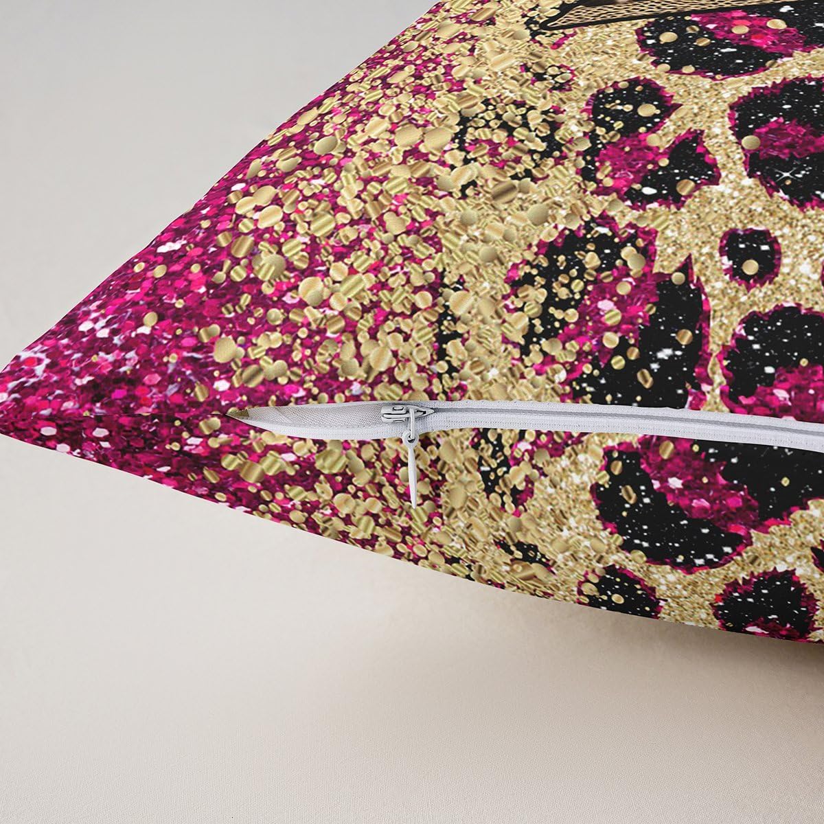 Magenta Bow Throw Pillow Covers Cheetah Print Bowknot Square Pillow Cases, Gold Sequins Printed Leopard Hide Decorative Pillowcases Cute Ribbon Bow Tie Cushion Covers 24"*24"*1(Inserts Not Included)