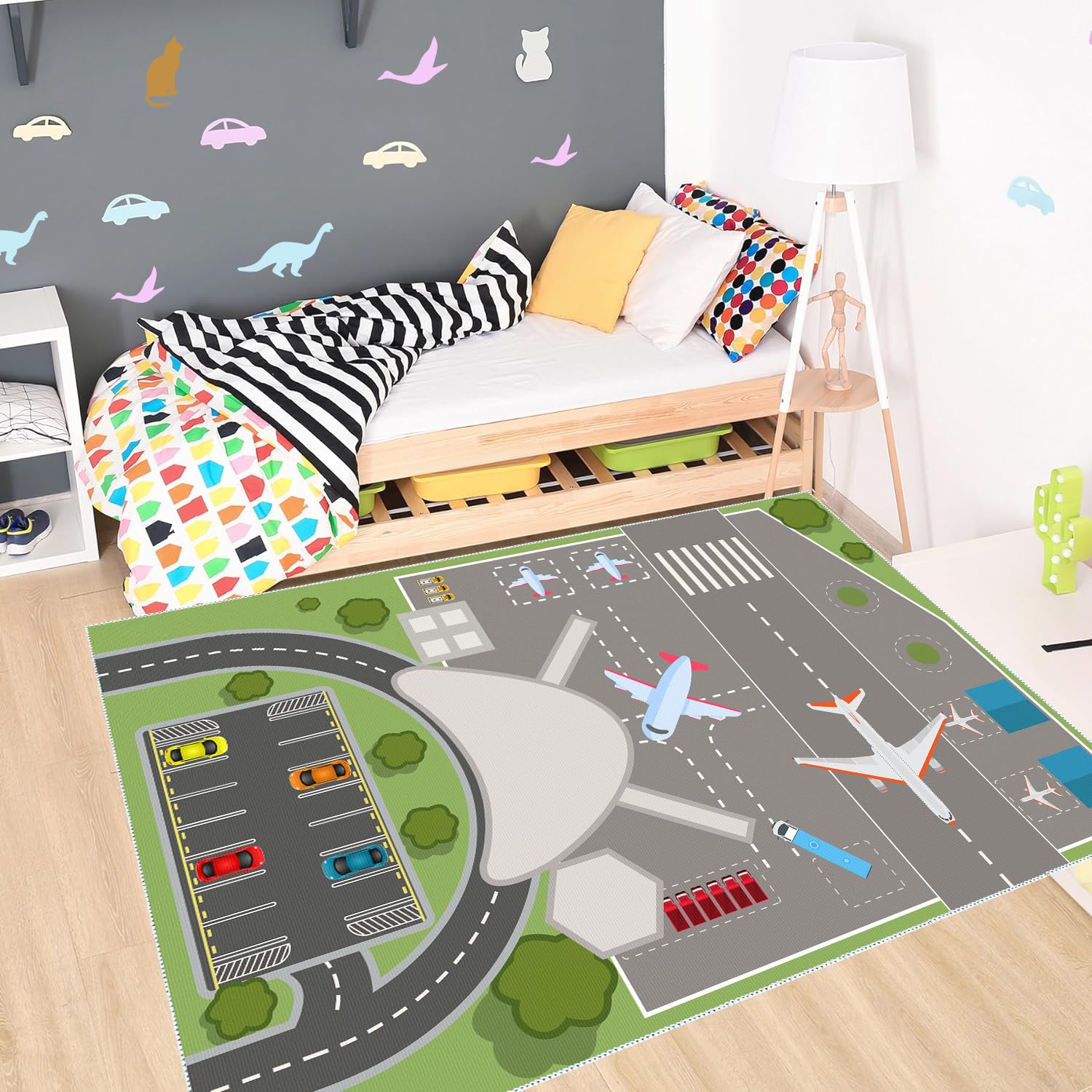 Flughafen Spielmatte Spielteppich Spiel-Matte für das Kinder-Zimmer Kinder-Innenmatte rutschfest und Fleckenbeständig Spielmatte mit Flughafenmuster (80X150CM, ZD)