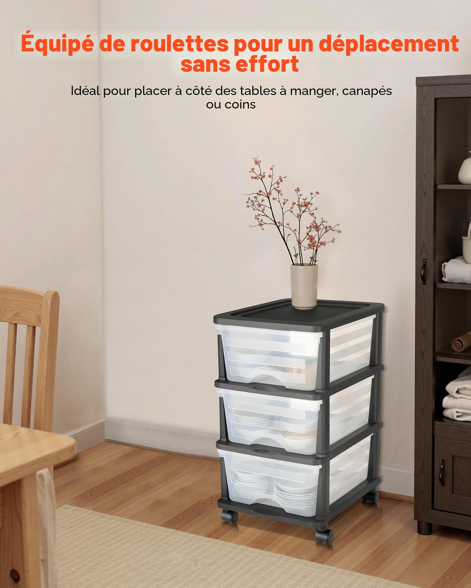 VEVOR Chariot de rangement à 3 tiroirs en plastique, tour de rangement à roulettes, organiseur mobile à 3 niveaux, bac transparent pour fournitures de bureau, salles de bricolage et salles de classe