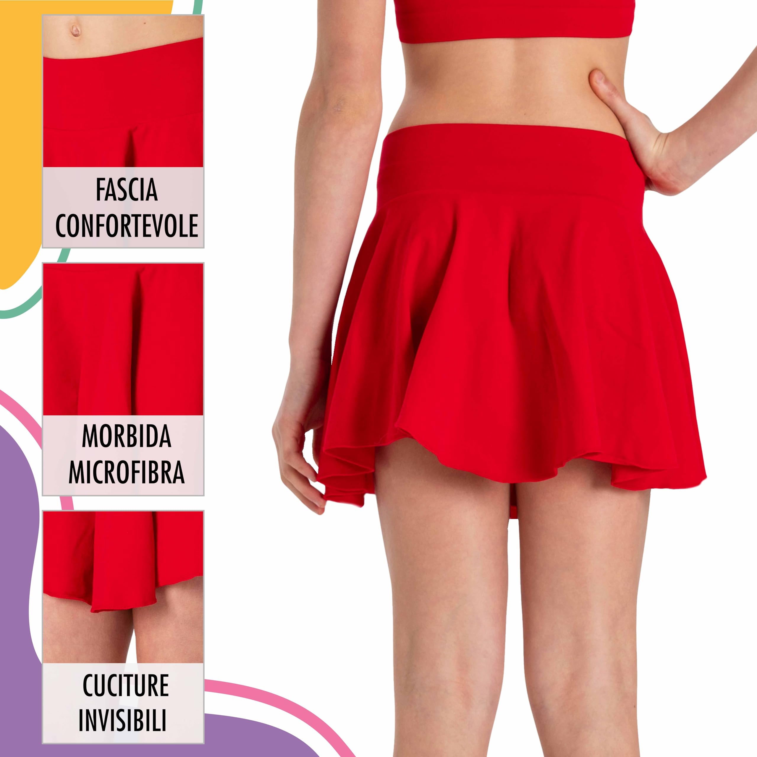Risalti Gonna Bambina in Microfibra - Gonne Bambina Elasticizzate, Abbigliamento Bambina Seamless, Gonna Ragazza, Completo Bambina con Top Bambina e Bracciali Colorati Omaggio - Made in Italy