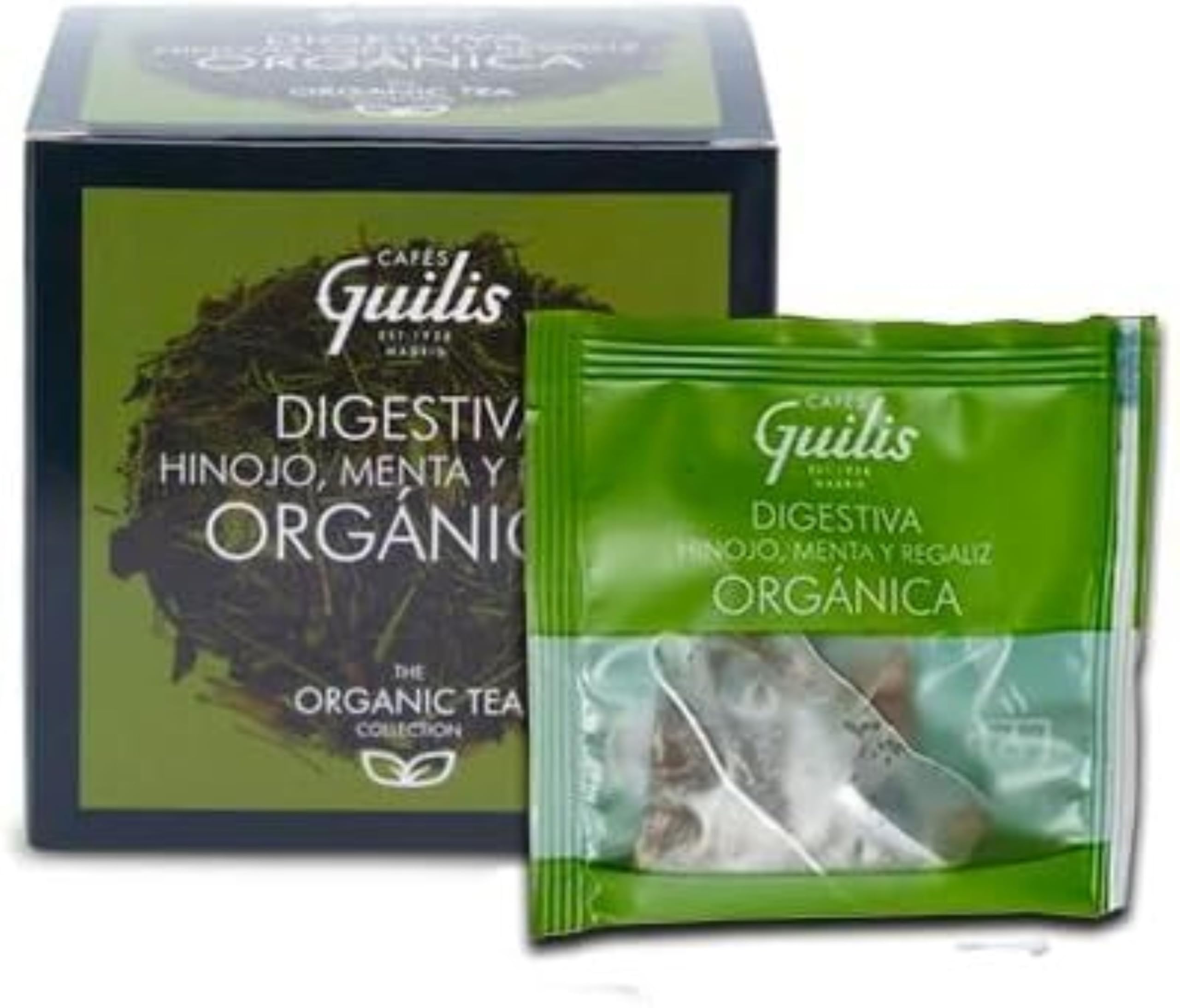 CAFES GUILIS DESDE 1928 AMANTES DEL CAFE Infuso digestivo biologico di finocchio, menta e foglie di liquirizia Scatola da 15 piramidi - Confezione da 4