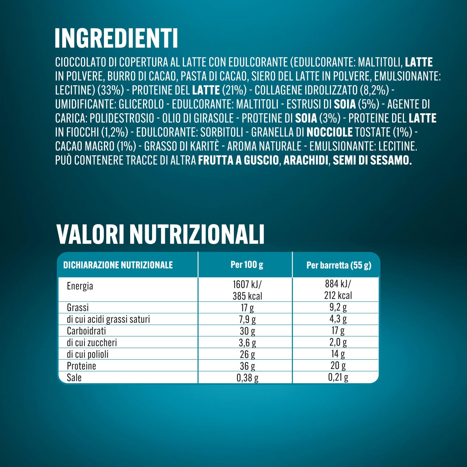 Enervit Pure-Pro Protein Bar 36% Hazelnut, Barrette Proteiche con Copertura Croccante, 20g di Proteine, Carica Proteica Post Allenamento, Senza Glutine e Senza Zucchero, 25 Barrette da 55g