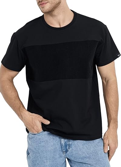Men’s Customizable Black T-Shirt with Patches Area, Regular Fit, Boat Neck, Soft Cotton-Lycra Blend for Personalization