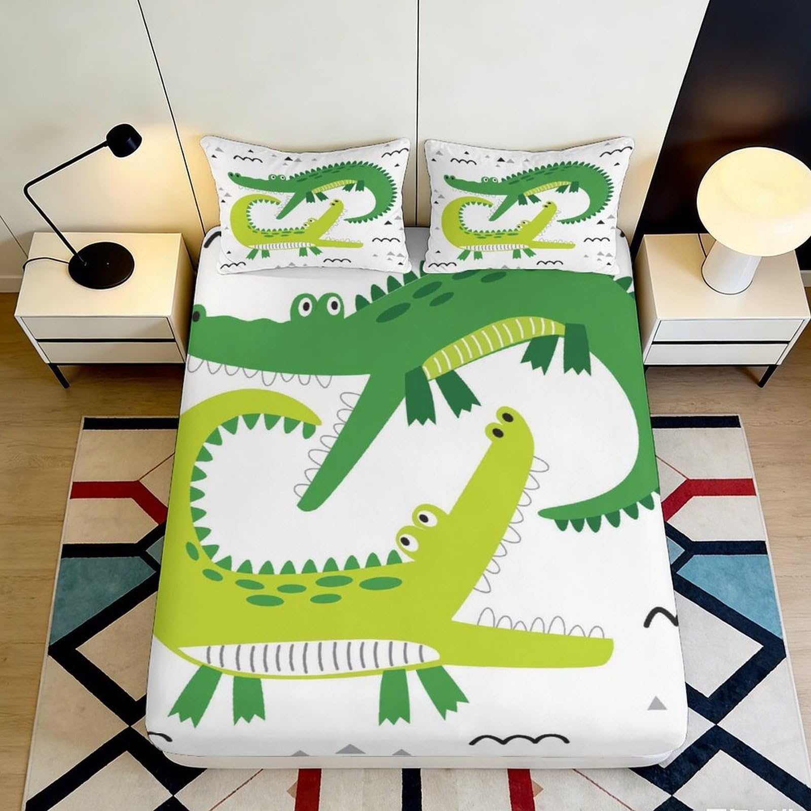 3D Printed Green Crocodile Fitted Sheet Microfiber Soft Breathable Cartoon Mattress Cover for Bedroom Dorm Decor 90x200x25cm
